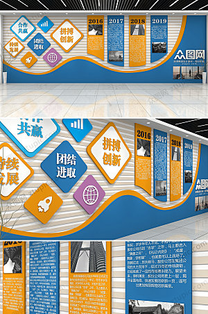蓝黄企业公司文化墙设计效果图