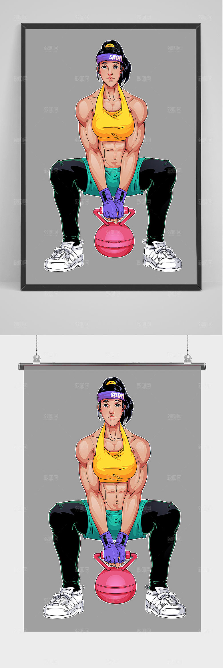原创扁平手绘健身女士插画