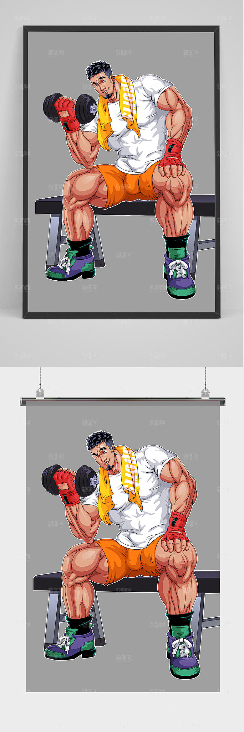 原创全民健身手绘型男插画