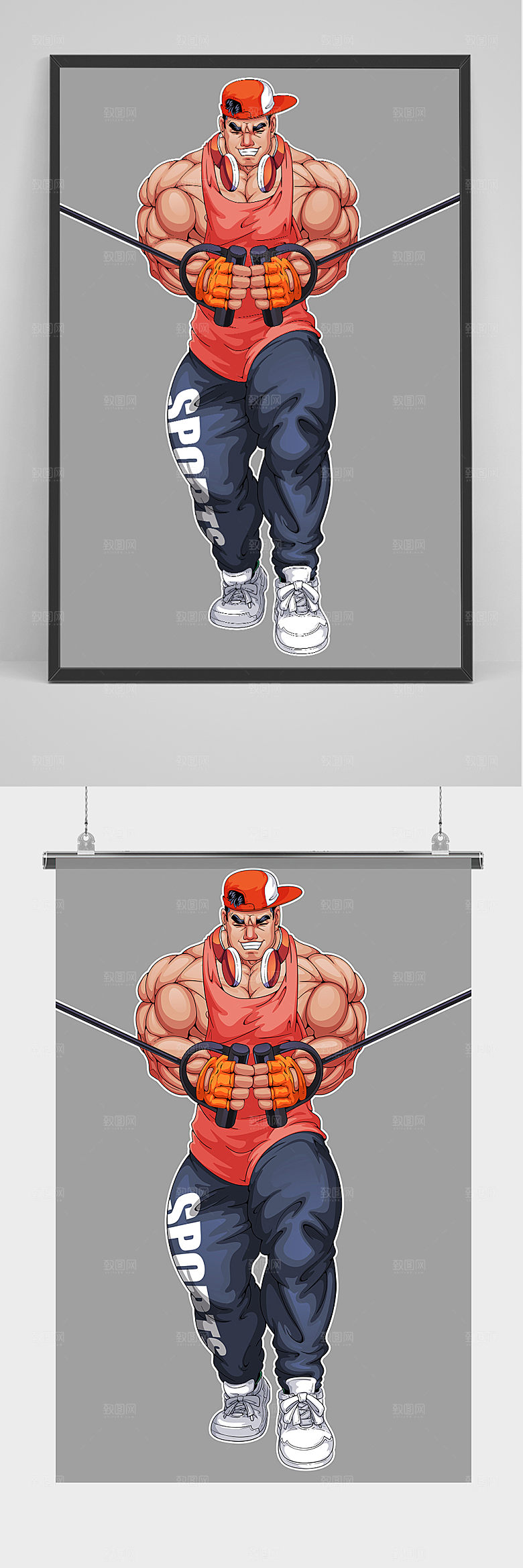 原创时尚健身房肌肉男插画
