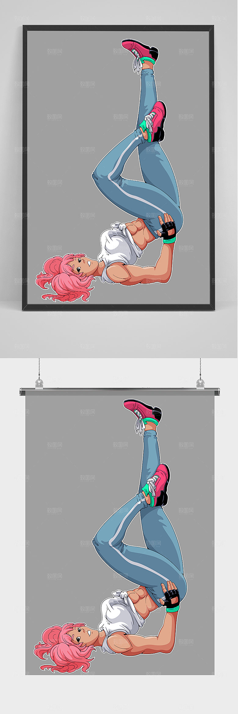 原创手绘时尚健身房少女插画