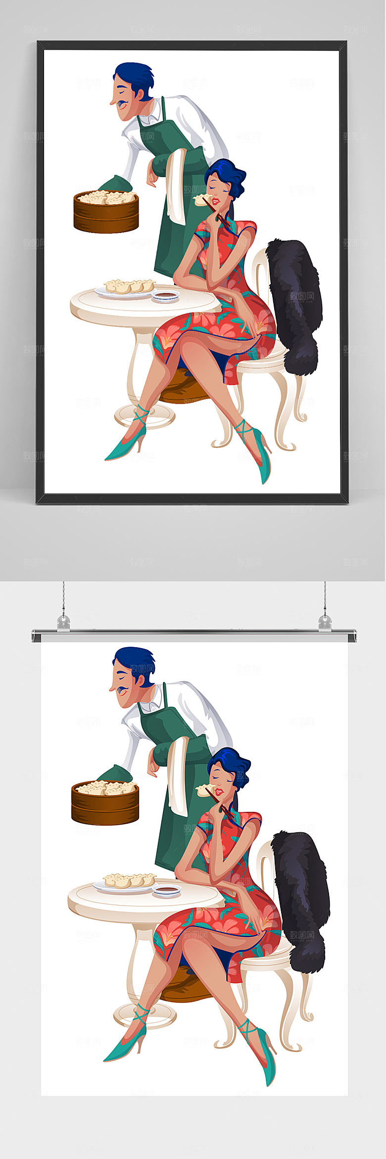 原创卡通旗袍女人美食插画