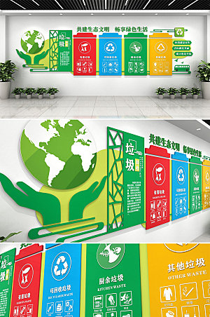 可商用绿色环保垃圾分类文化墙模板
