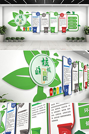 3d绿叶垃圾分类环保文化墙模板