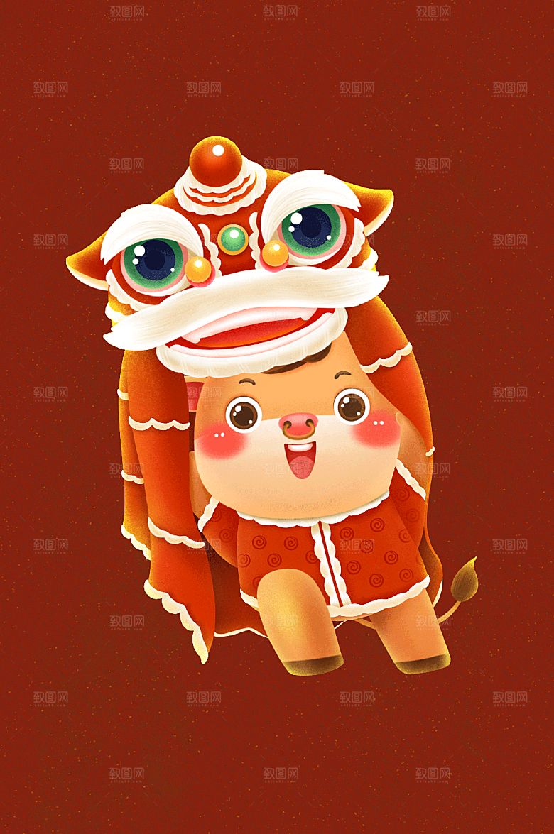 牛舞狮手绘插画新年元素