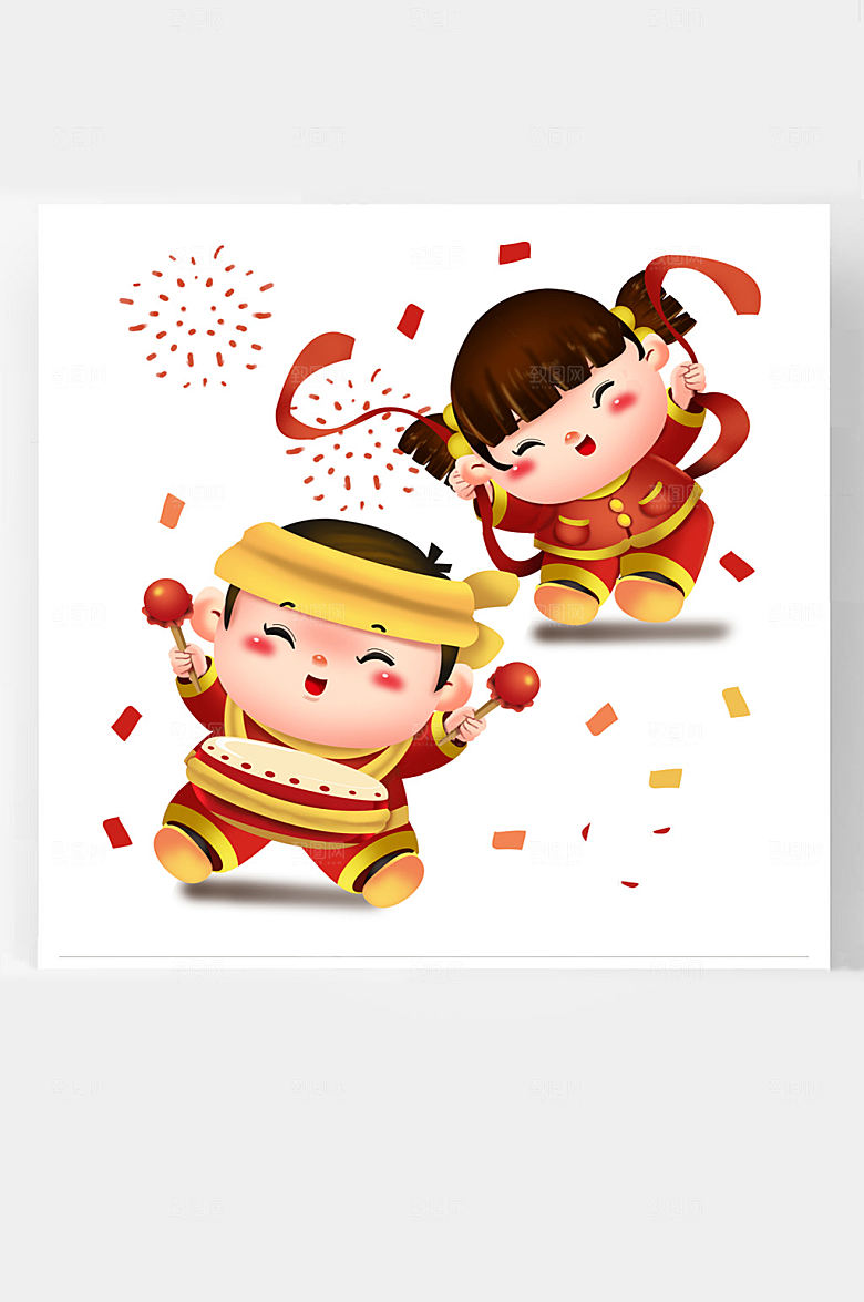 春节牛年卡通插画福娃打腰鼓