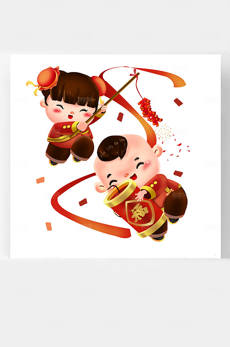 春节牛年卡通插画福娃抱烟