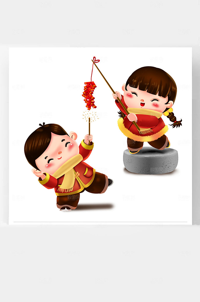春节牛卡通插画福娃一起放鞭炮