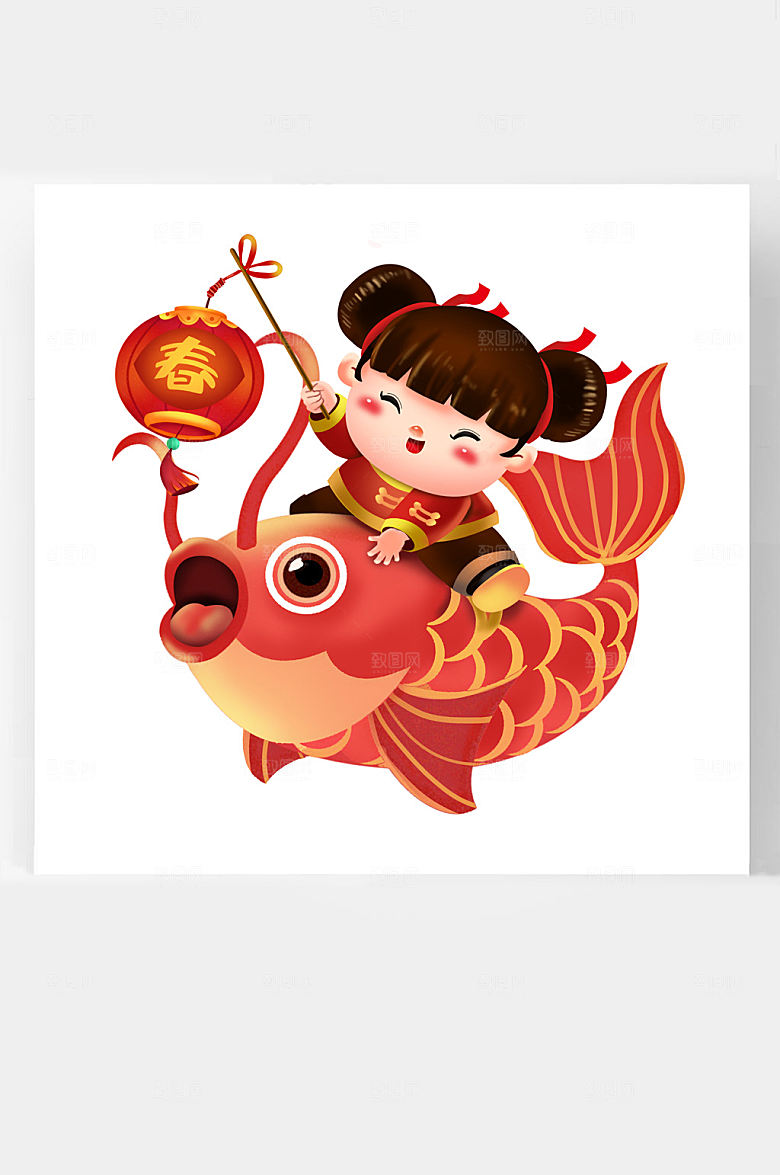 春节牛年卡通插画福娃年年有余