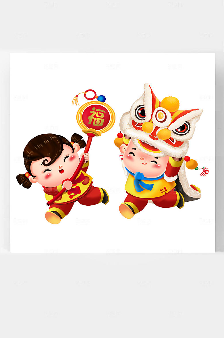 牛年新年卡通插画福娃舞狮子