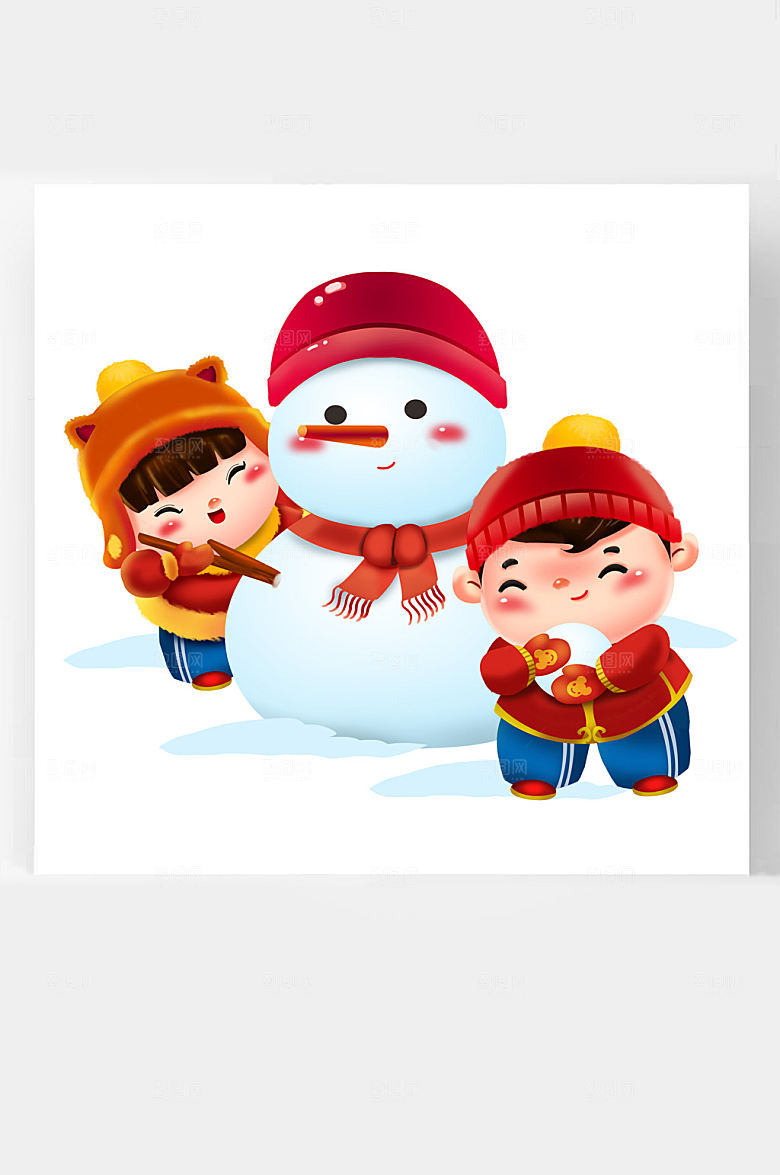 春节牛年卡通冬季福娃玩雪球