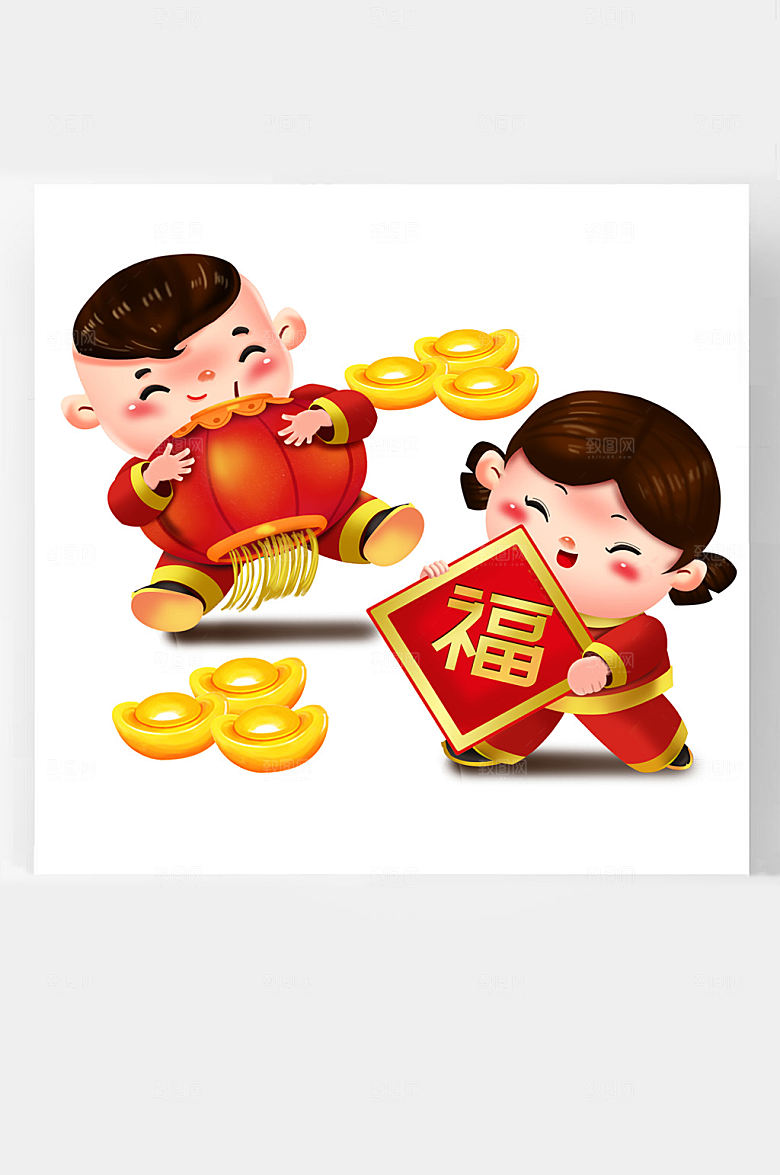 牛年新年卡通插画福娃抱灯笼插画