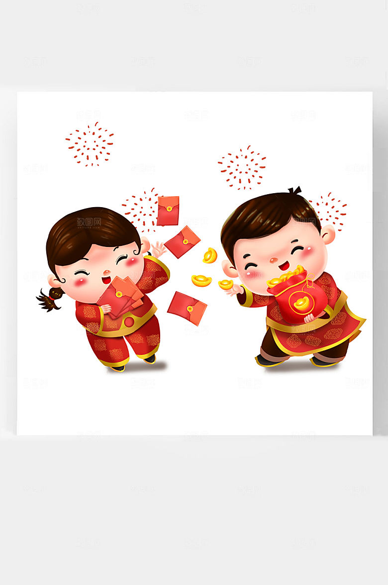 牛年新年卡通插画福娃撒元宝