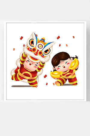 中国牛年新年插画福娃拿元宝舞狮子