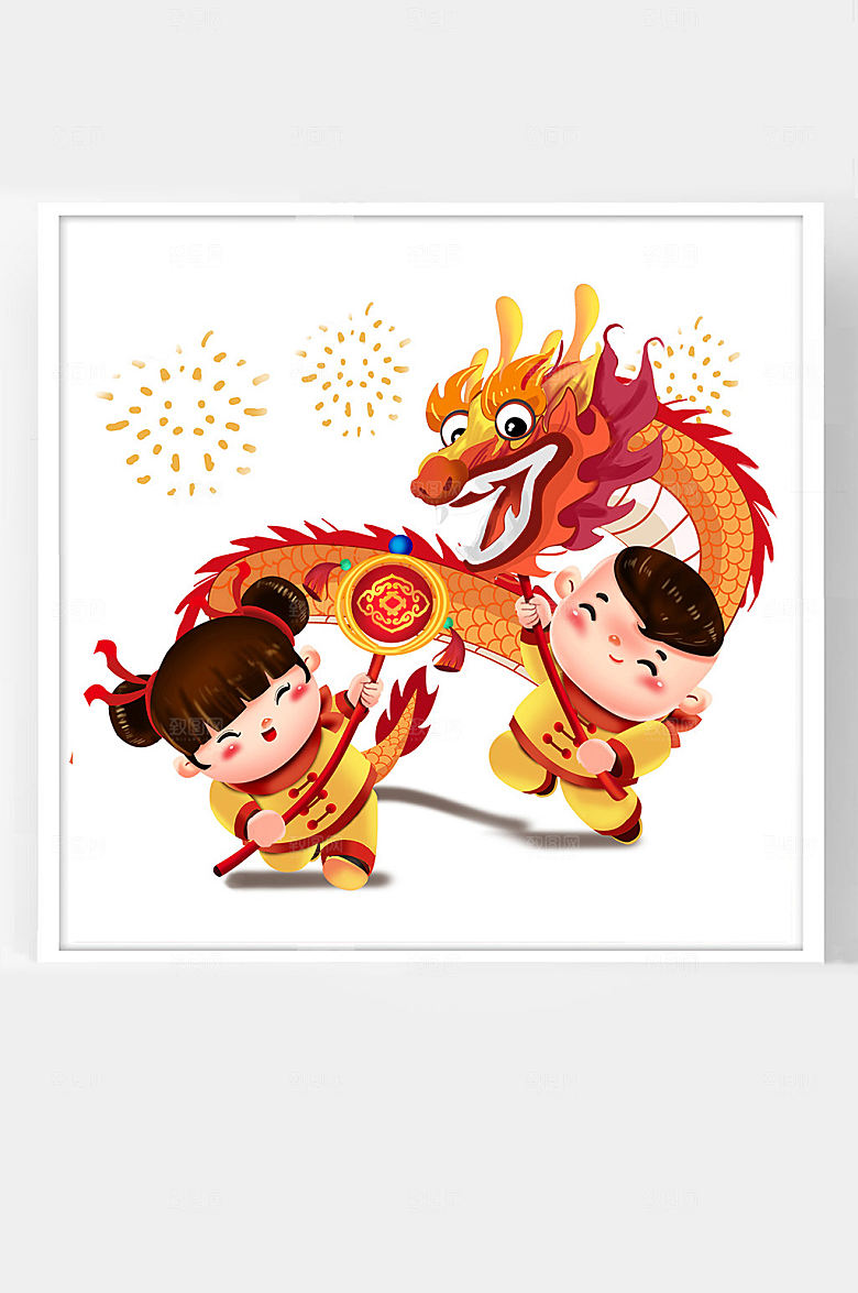 喜气洋洋牛年卡通插画二福娃舞龙