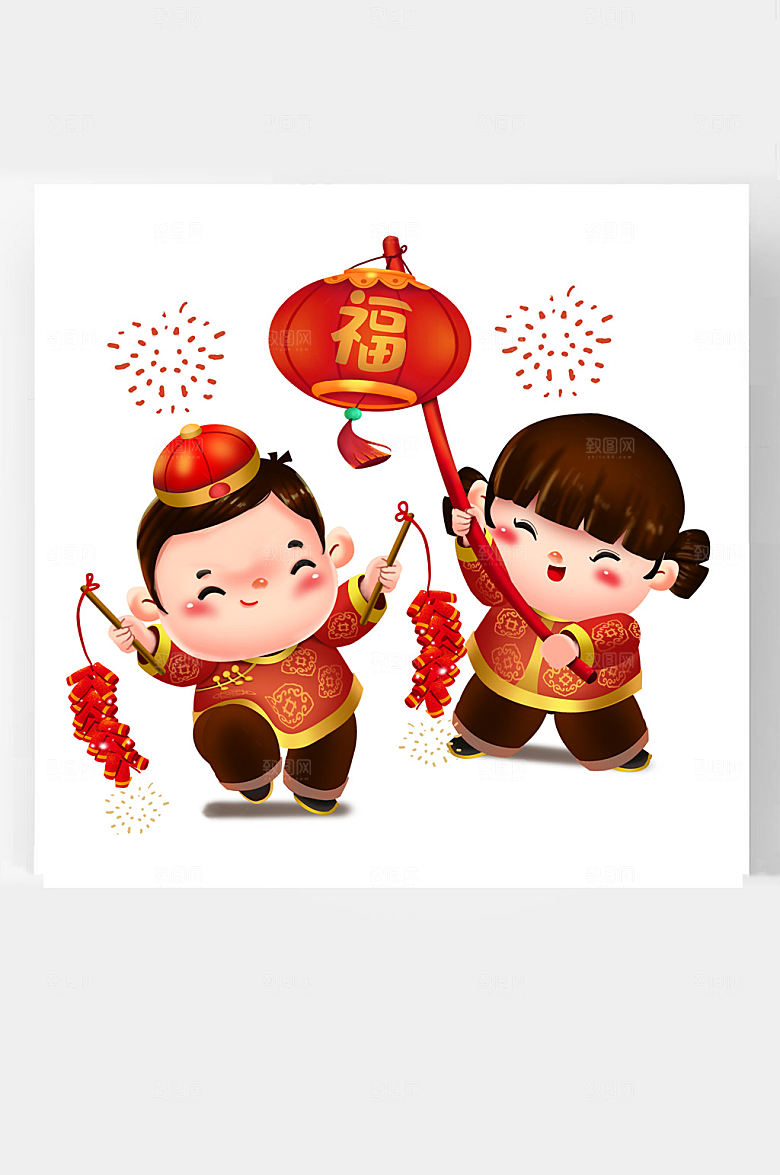 牛年新年插画福娃挂灯笼拿鞭炮
