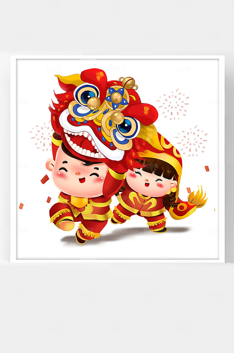 喜庆牛年新年卡通插画福娃舞狮子