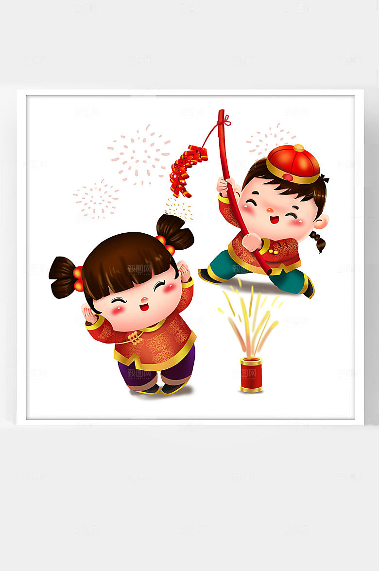 春节牛年新年卡通插画二福娃放鞭炮