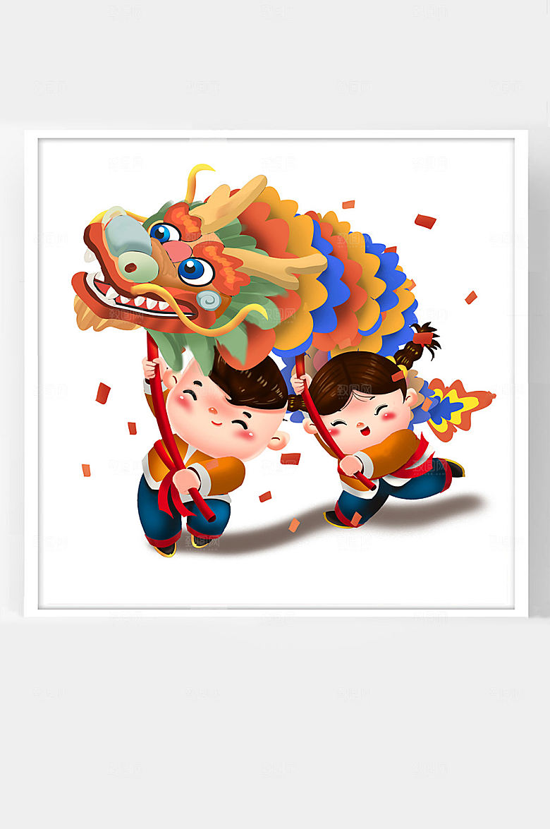 春节牛年新年卡通插画可爱福娃舞龙灯
