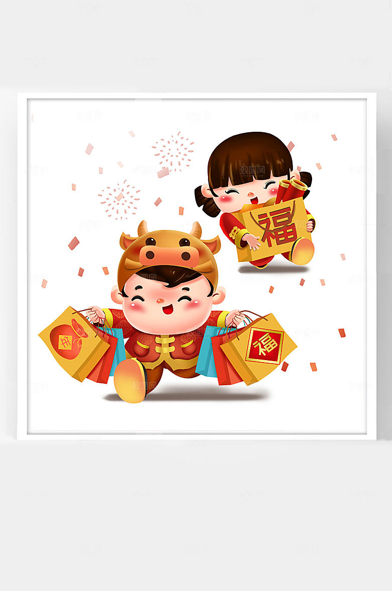 过年牛年新年卡通插画二福娃抢年货