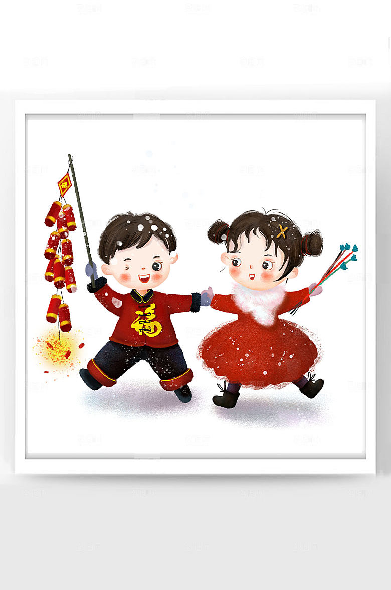 春节牛年新年卡通插画福娃放鞭炮