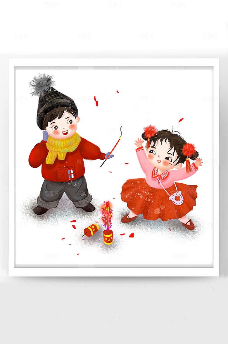 春节牛年新年卡通插画福娃点鞭炮