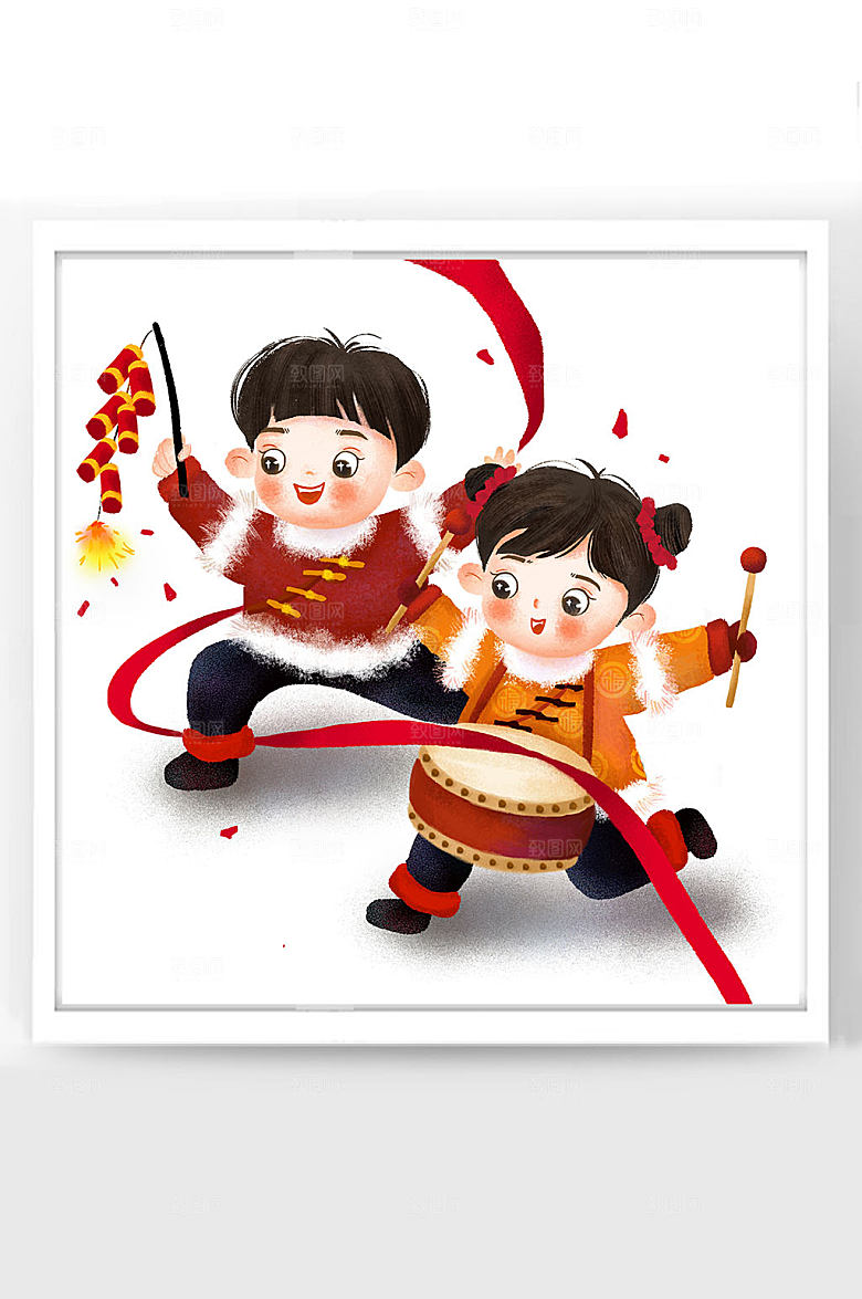 春节牛年新年卡通插画福娃放鞭炮