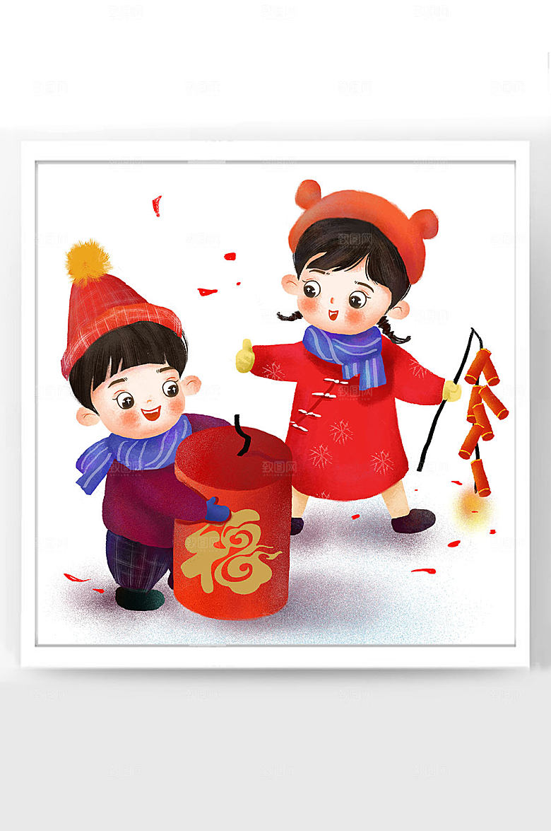 春节牛年新年卡通插画福娃放炮