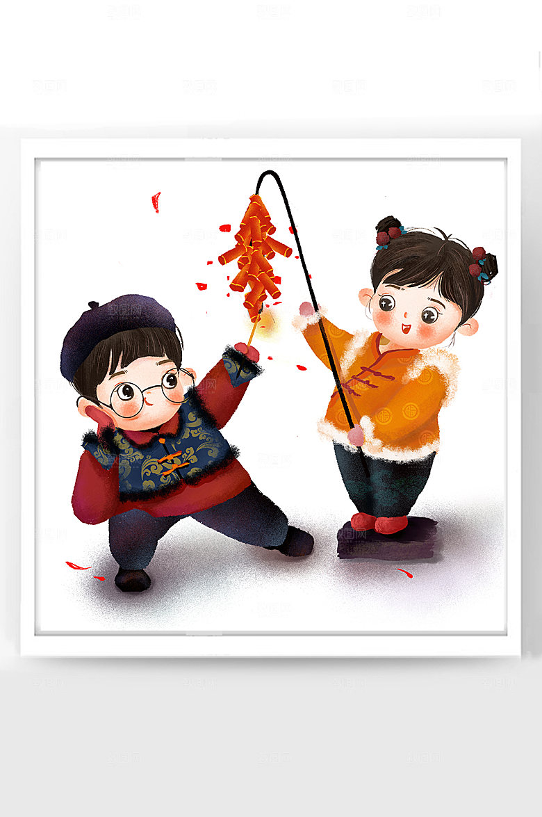 牛年新年卡通插画福娃一起放鞭炮