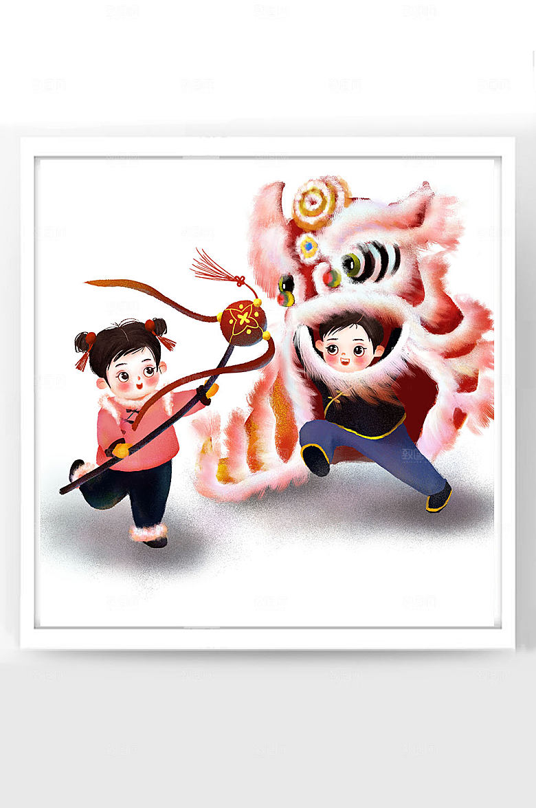 春节牛年新年卡通插画福娃舞狮