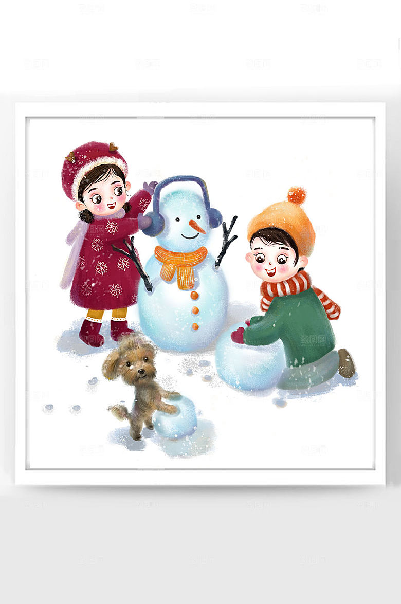 牛年新年卡通插画福娃堆雪人