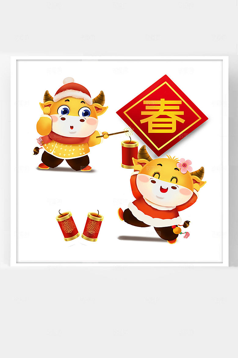 卡通插画中国春节福牛点鞭炮