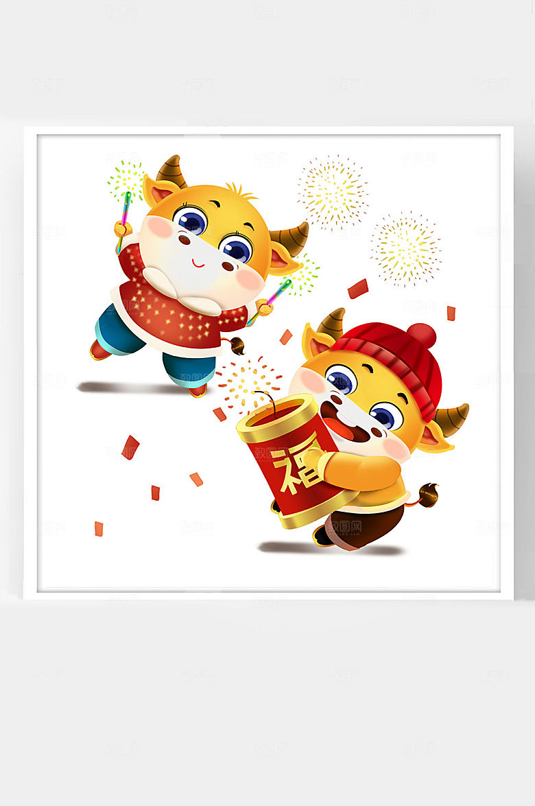 牛年卡通插画中国春节福牛抱烟