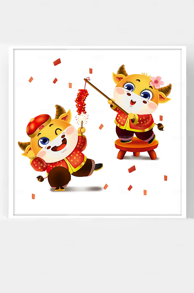 中国新年春节福牛一起放鞭炮