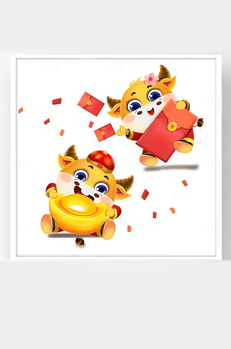 牛年卡通插画中国春节福牛撒元宝