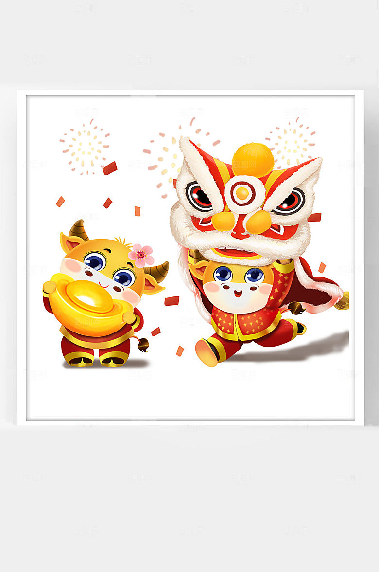 牛年卡通插画春节福牛舞狮子