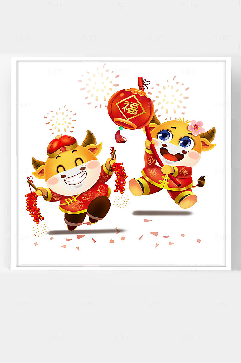 中国春节福牛挂灯笼鞭炮牛年插画