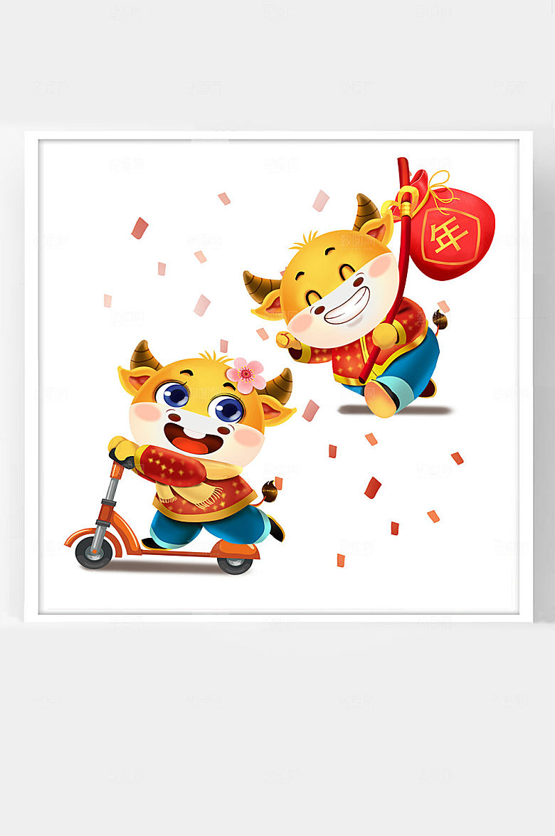 中国春节福牛扛年货骑滑板车插画
