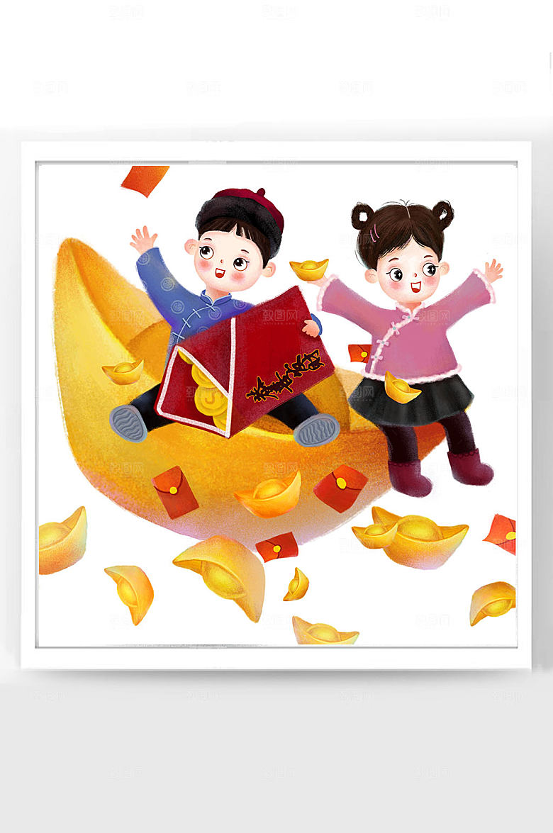 春节牛年新年卡通插画福娃撒元宝