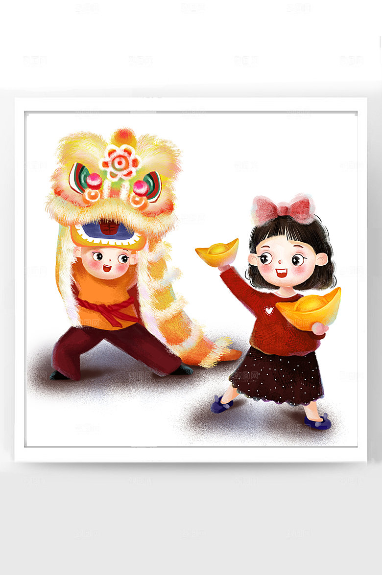 新年春节福娃舞狮拿元宝