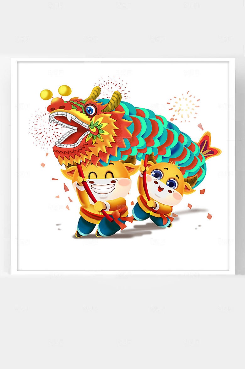 牛年插画中国春节福牛舞龙灯