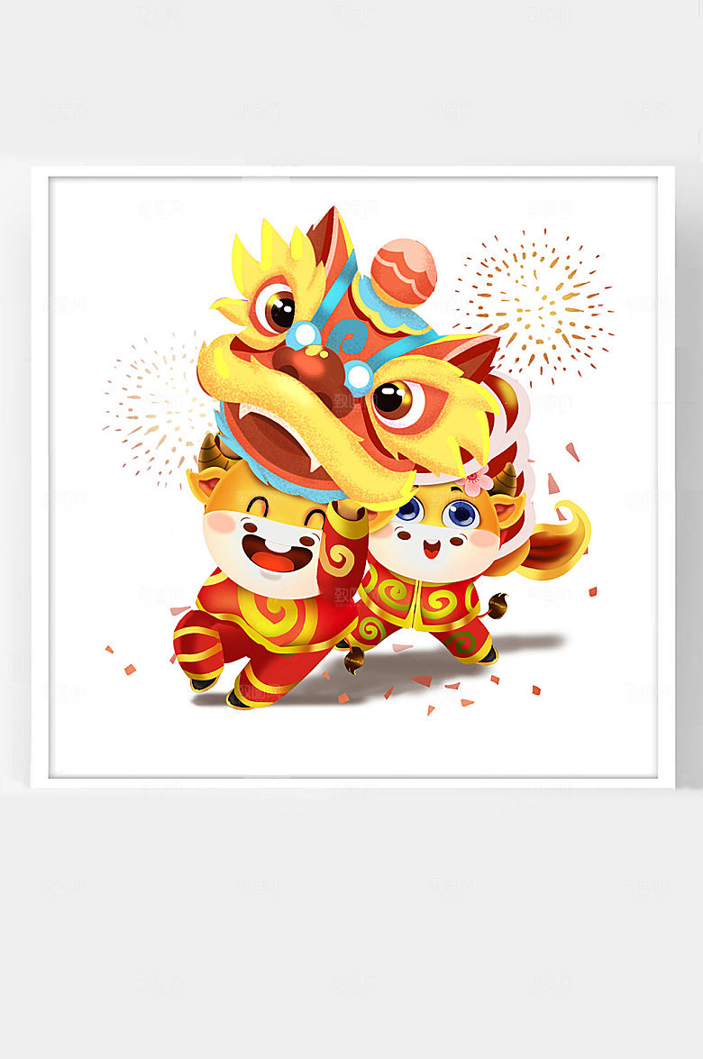 牛年插画中国春节福牛舞狮子