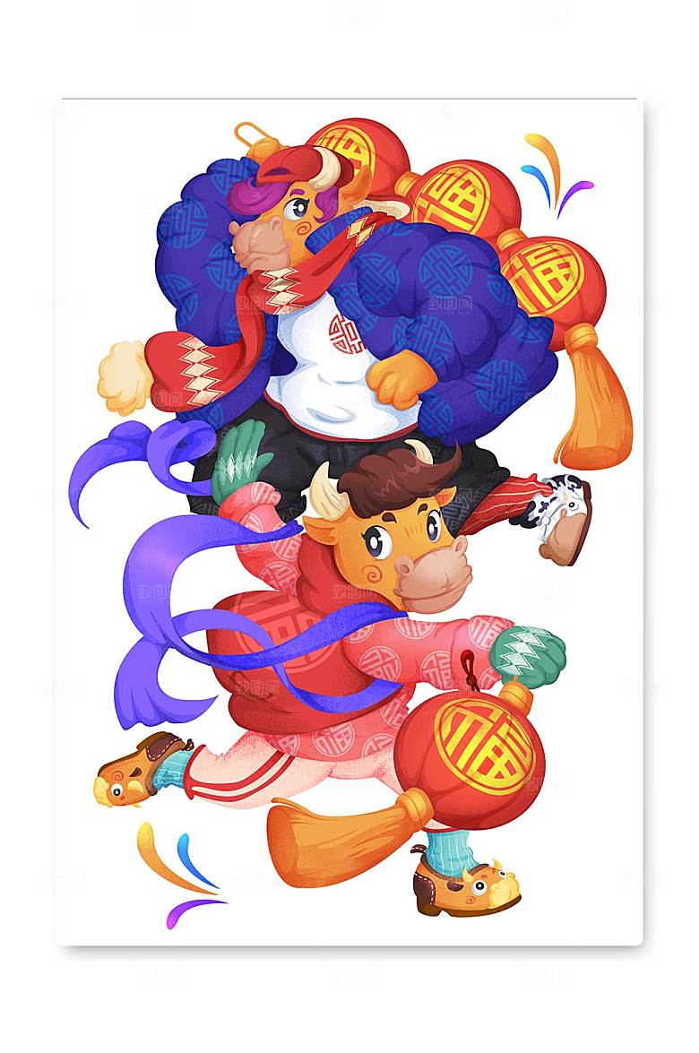 牛年牛舞灯笼竖版卡通人物插画