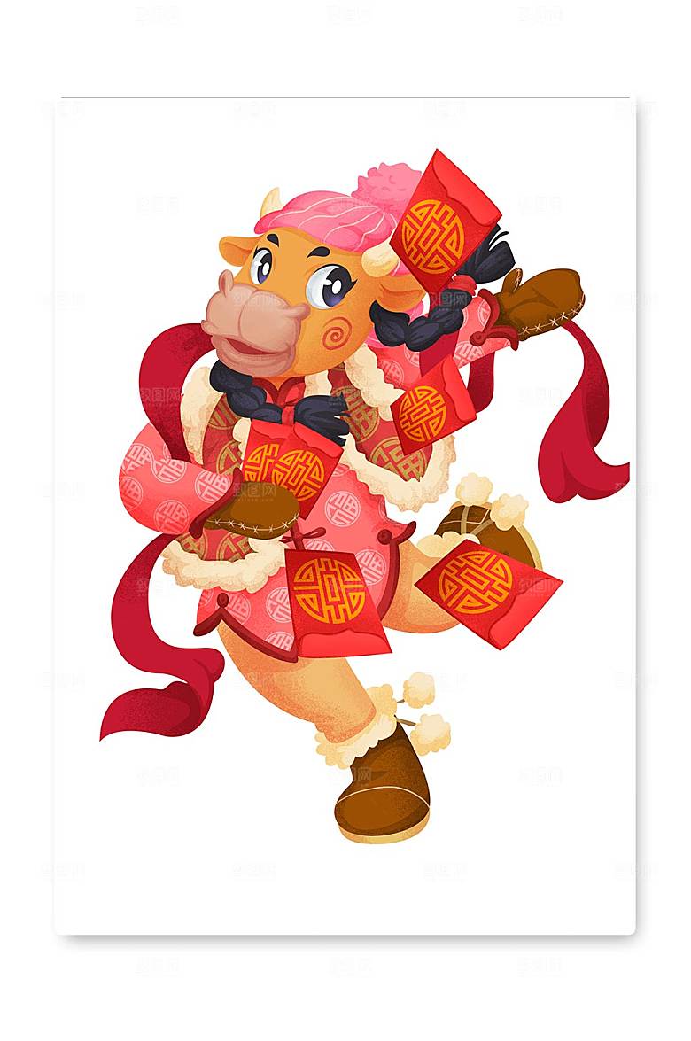 发红包牛年卡通设计插画
