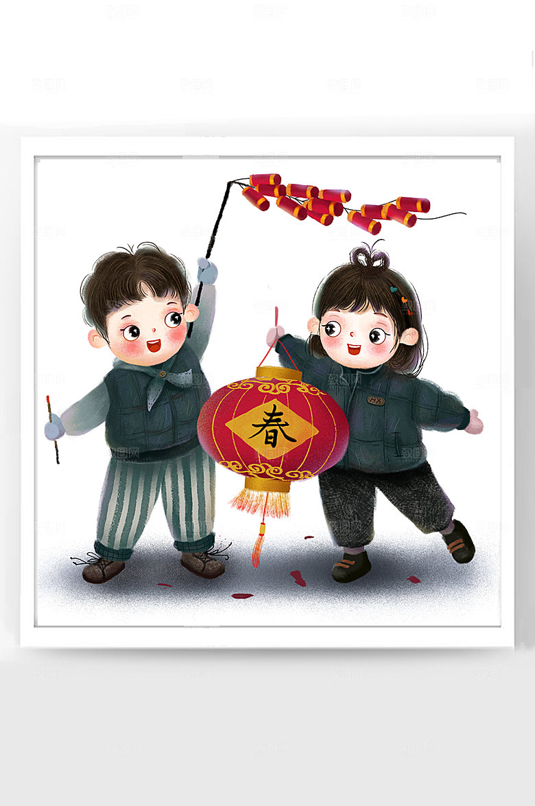 新年卡通插画福娃挂灯笼新年