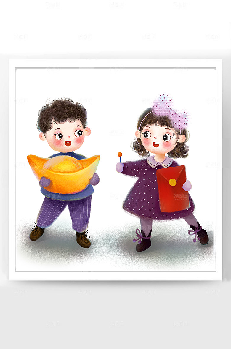 新年卡通插画拿红包春节插画