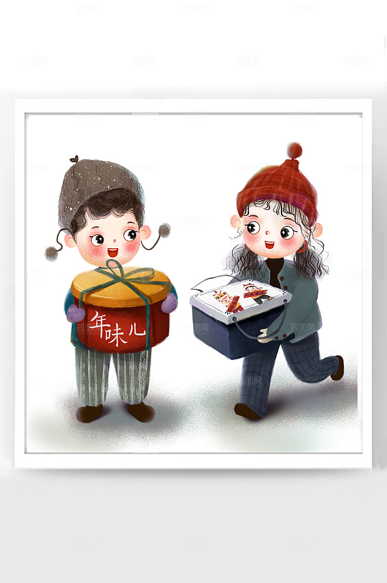 新年卡通插画二福娃拜年