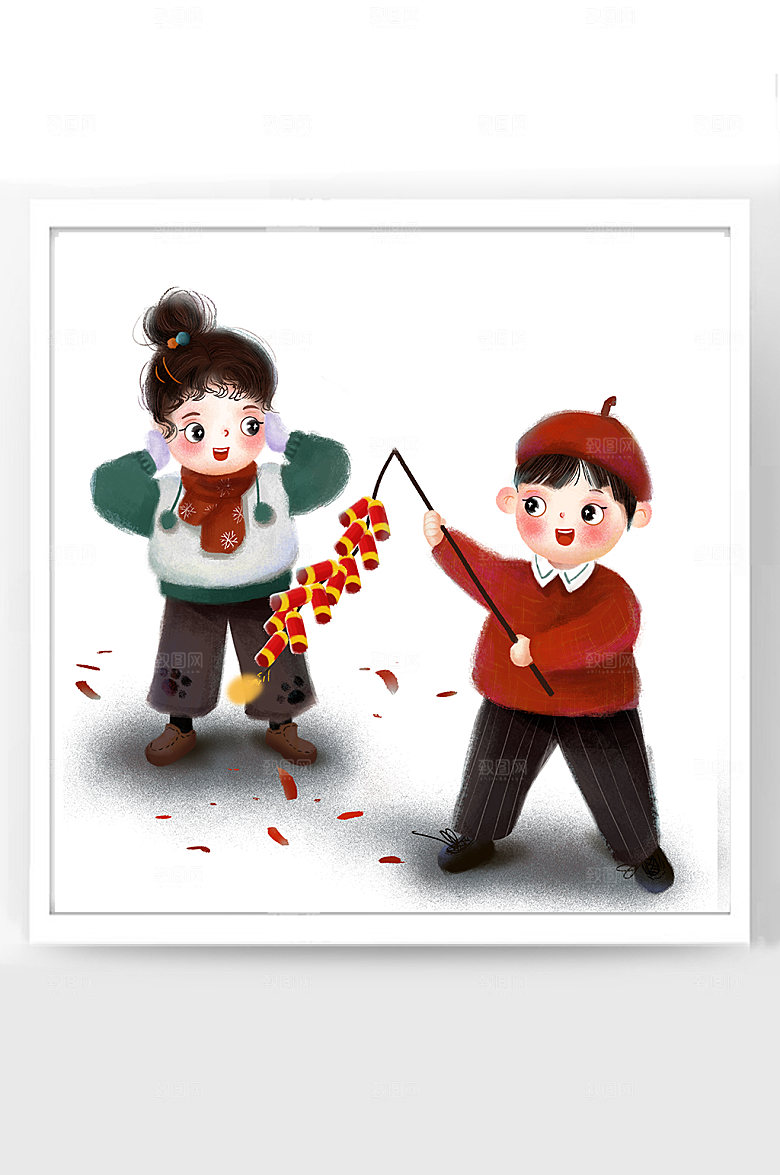 福娃捂耳朵放鞭炮过年