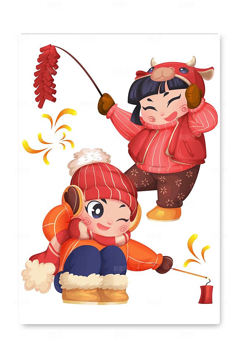 新年新春牛年点鞭炮新年插画