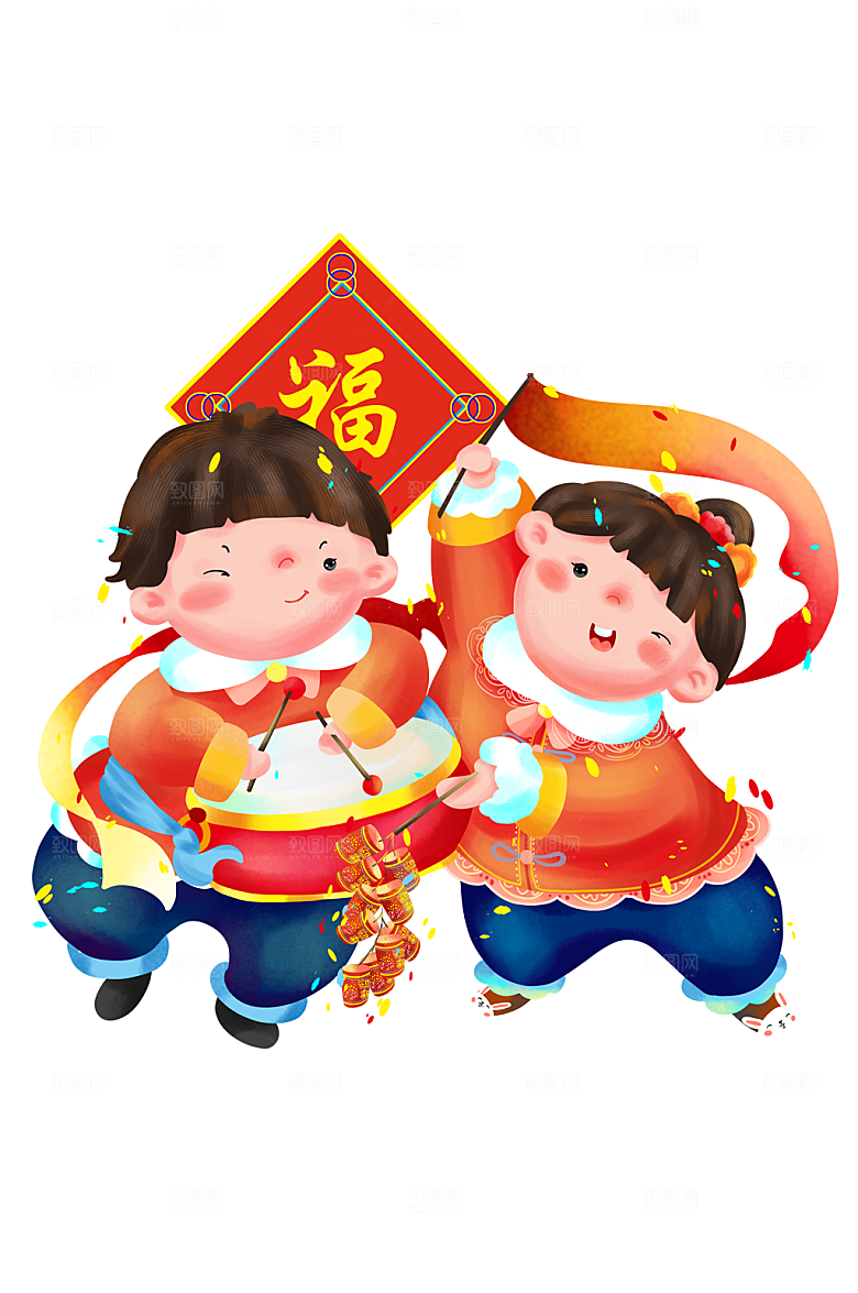 喜庆福娃打腰鼓放鞭炮插画设计